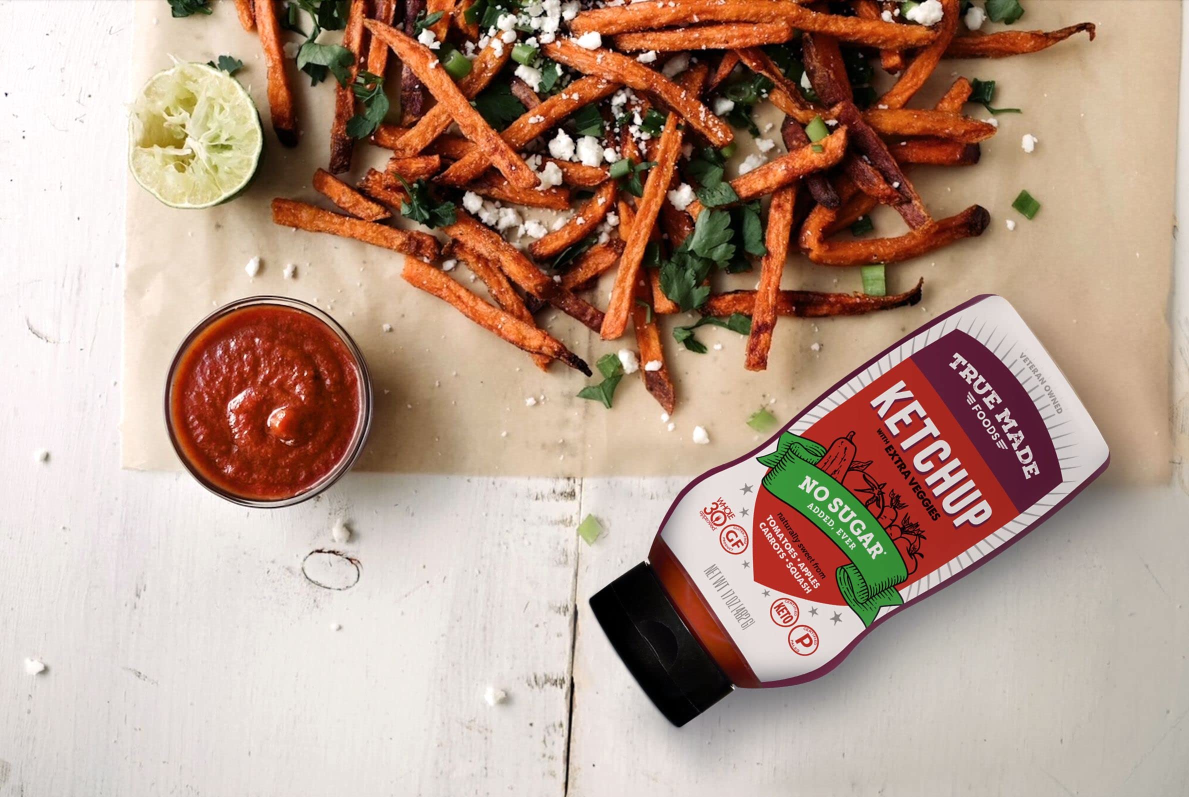 True Made Foods No Added Sugar Vegetable Ketchup Squeeze ingredient panel emphasizes veggie-based recipe