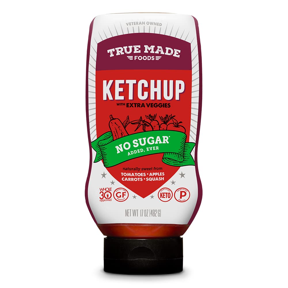 True Made Foods No Added Sugar Vegetable Ketchup Squeeze label close-up highlighting no added sugar