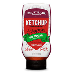 True Made Foods No Added Sugar Vegetable Ketchup Squeeze label close-up highlighting no added sugar