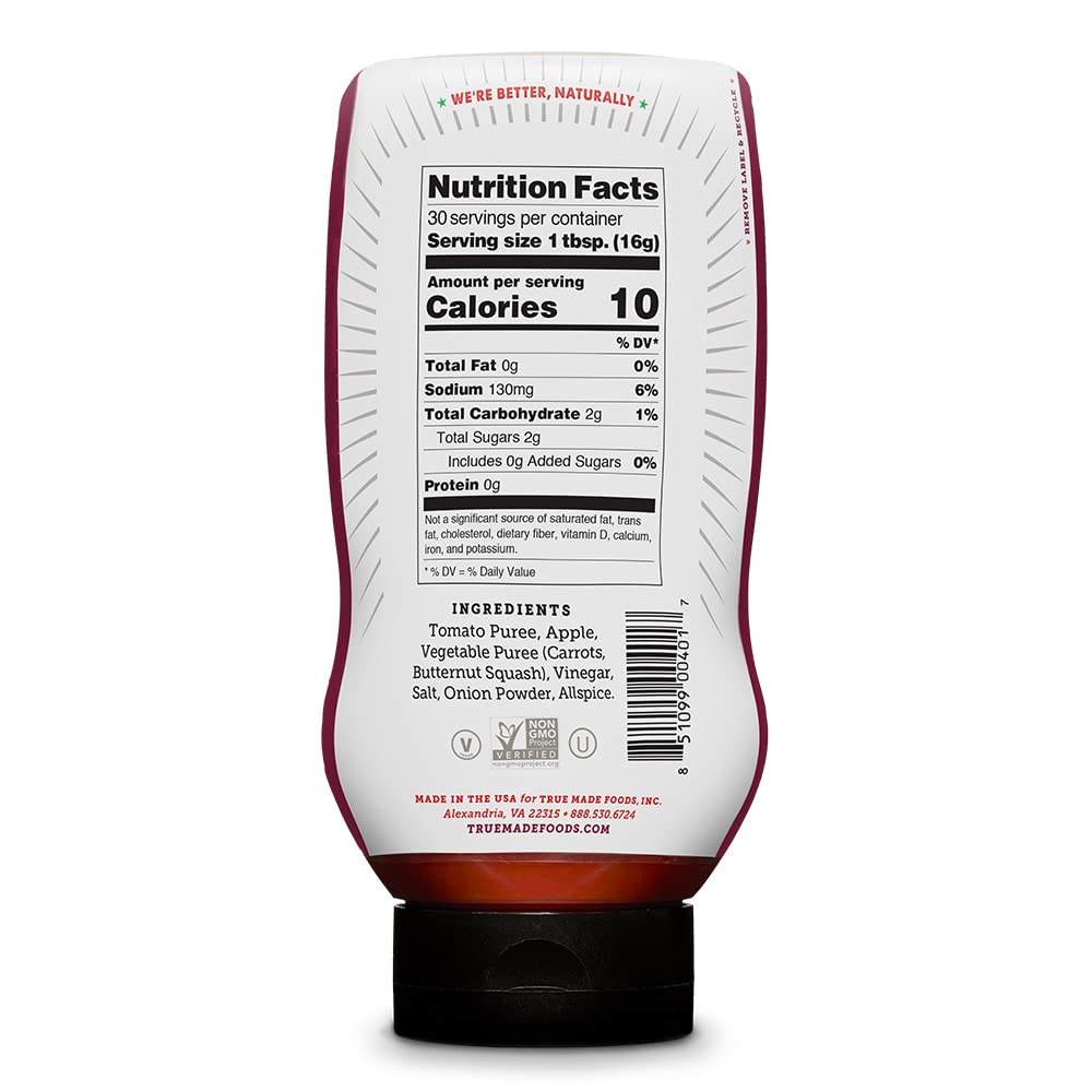 True Made Foods No Added Sugar Vegetable Ketchup Squeeze being poured for family meals