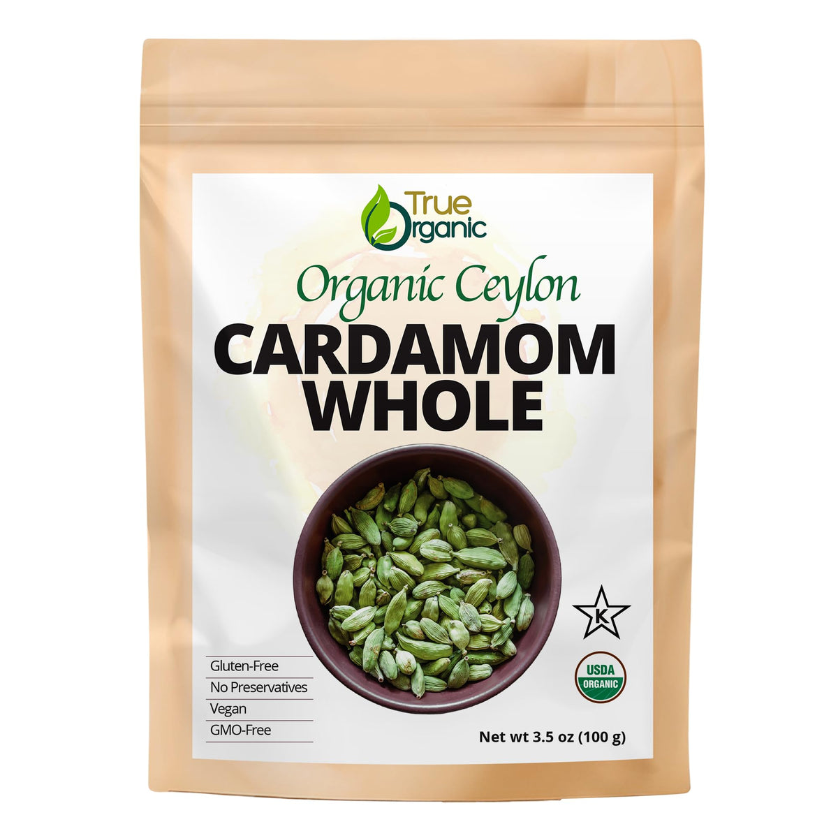 True Organic Cardamom Whole bag highlights premium Sri Lankan spice for cooking.