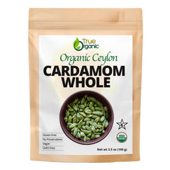 True Organic Cardamom Whole bag highlights premium Sri Lankan spice for cooking.