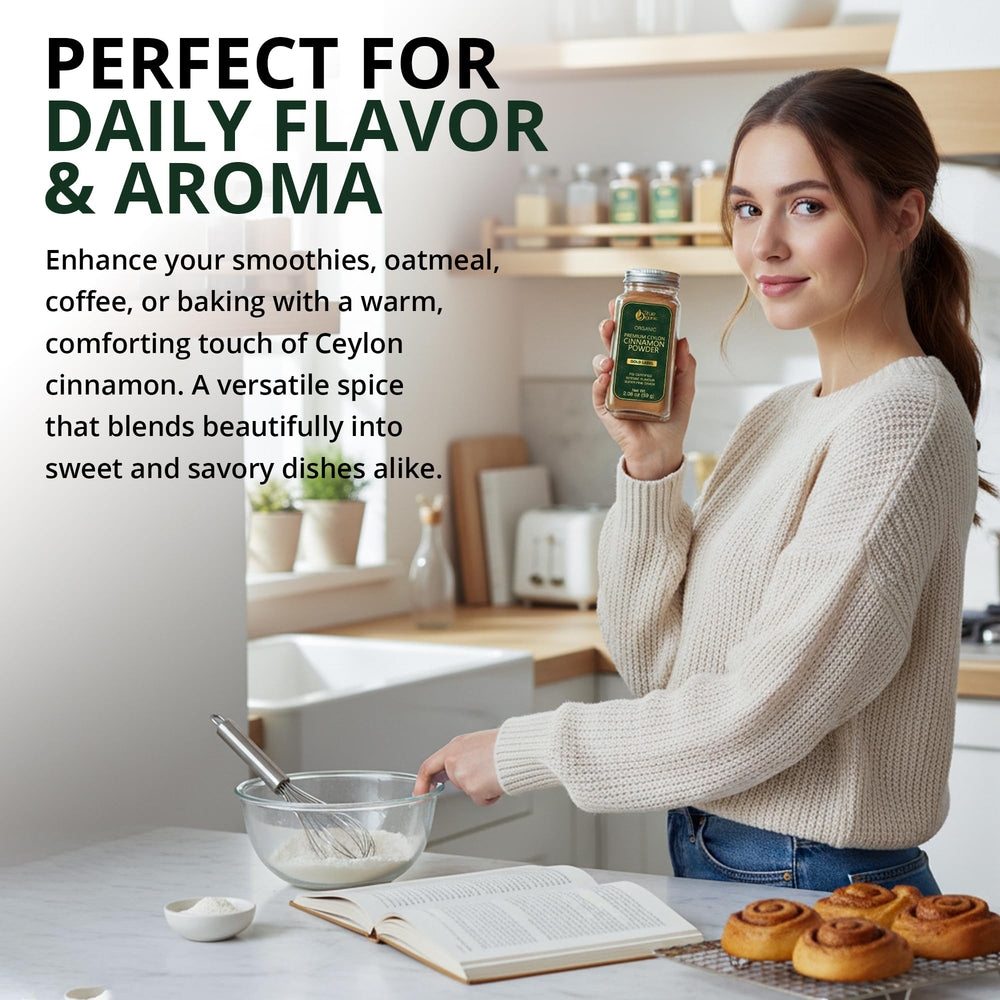 True Organic Ceylon cinnamon powder in a baking scene, enriching sweet and savory dishes.