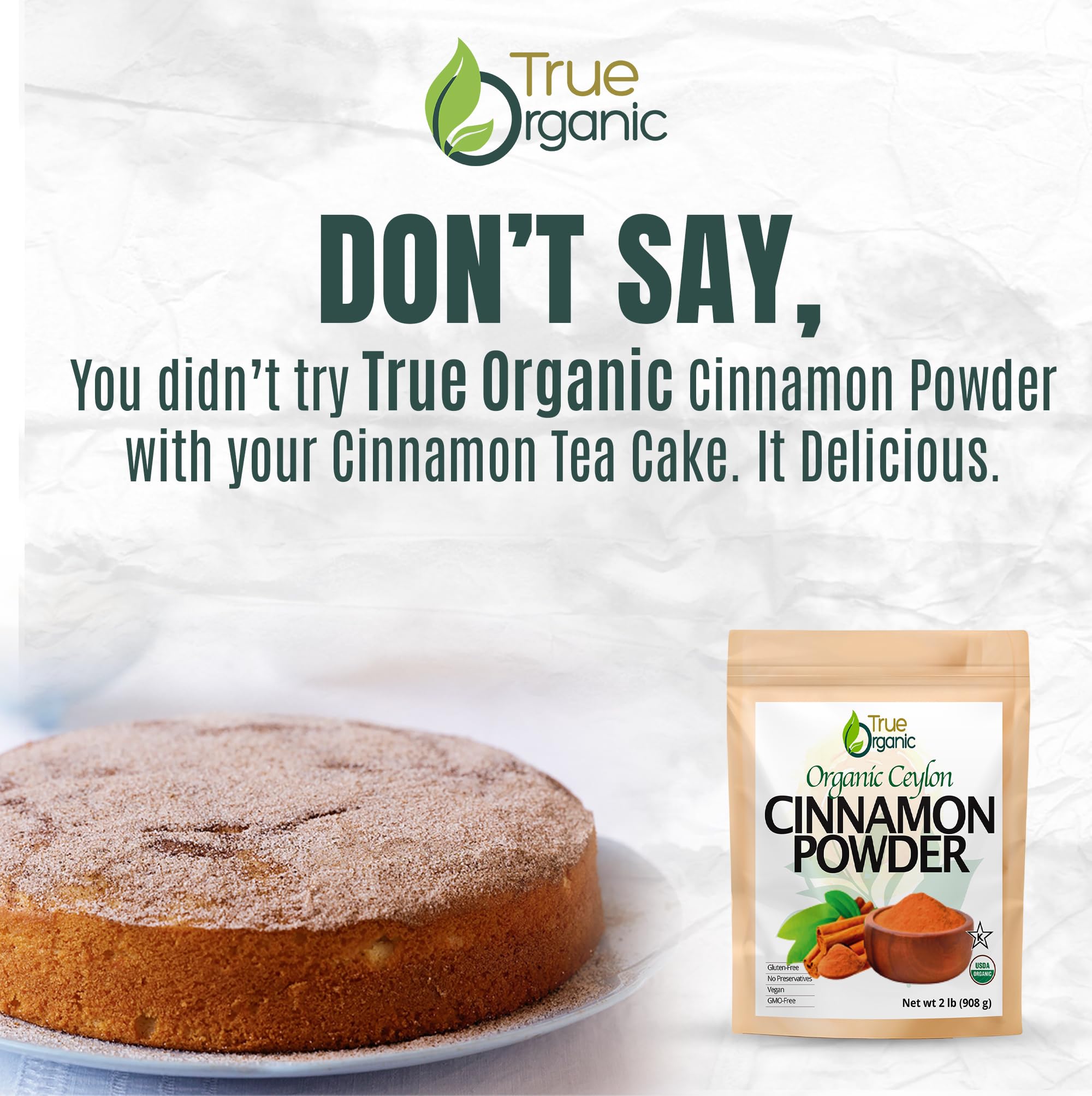 Packaging of True Organic Ceylon Cinnamon Powder in bulk illustrates certification and bulk use