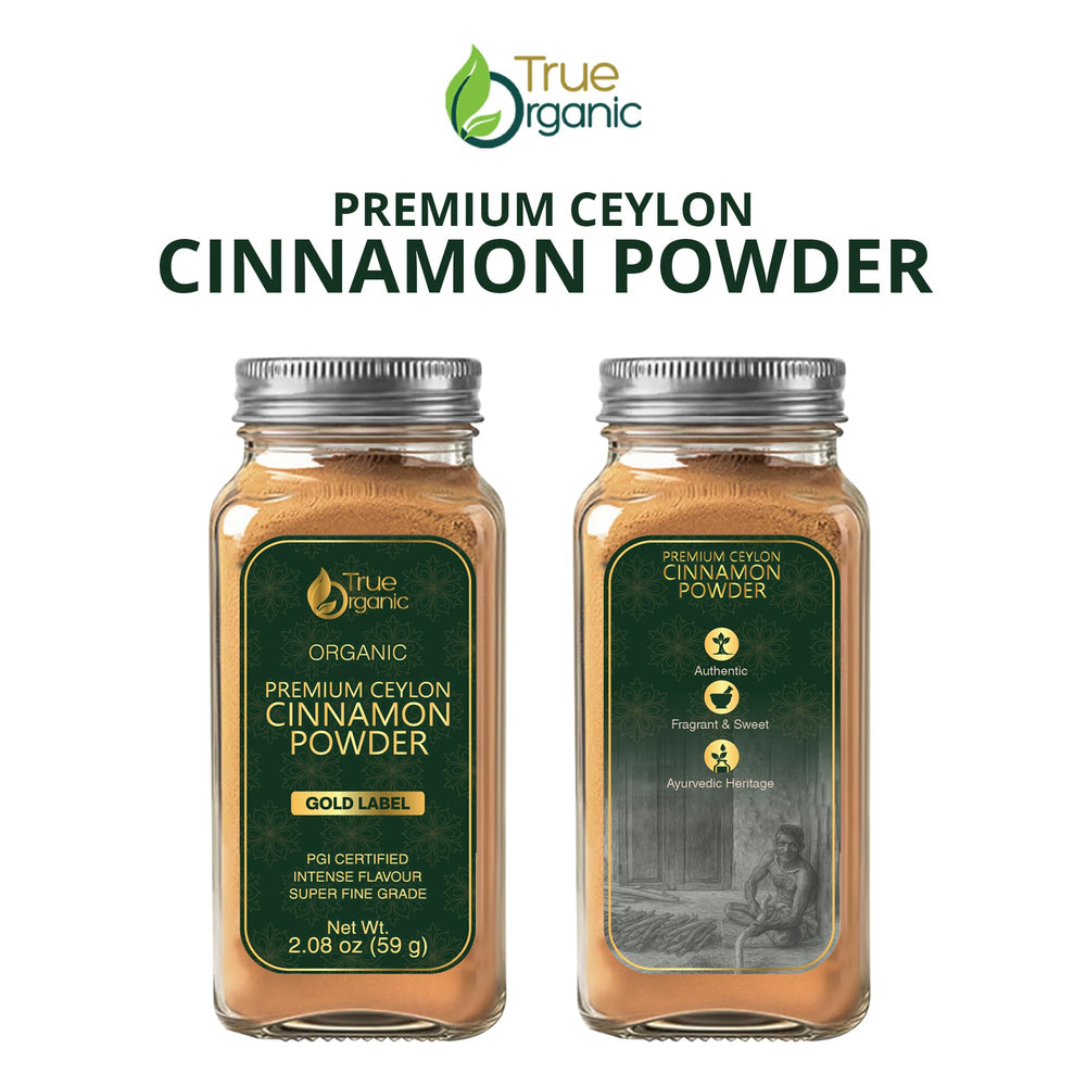 True Organic Ceylon cinnamon powder dusted on pastry, illustrating versatile dessert applications.