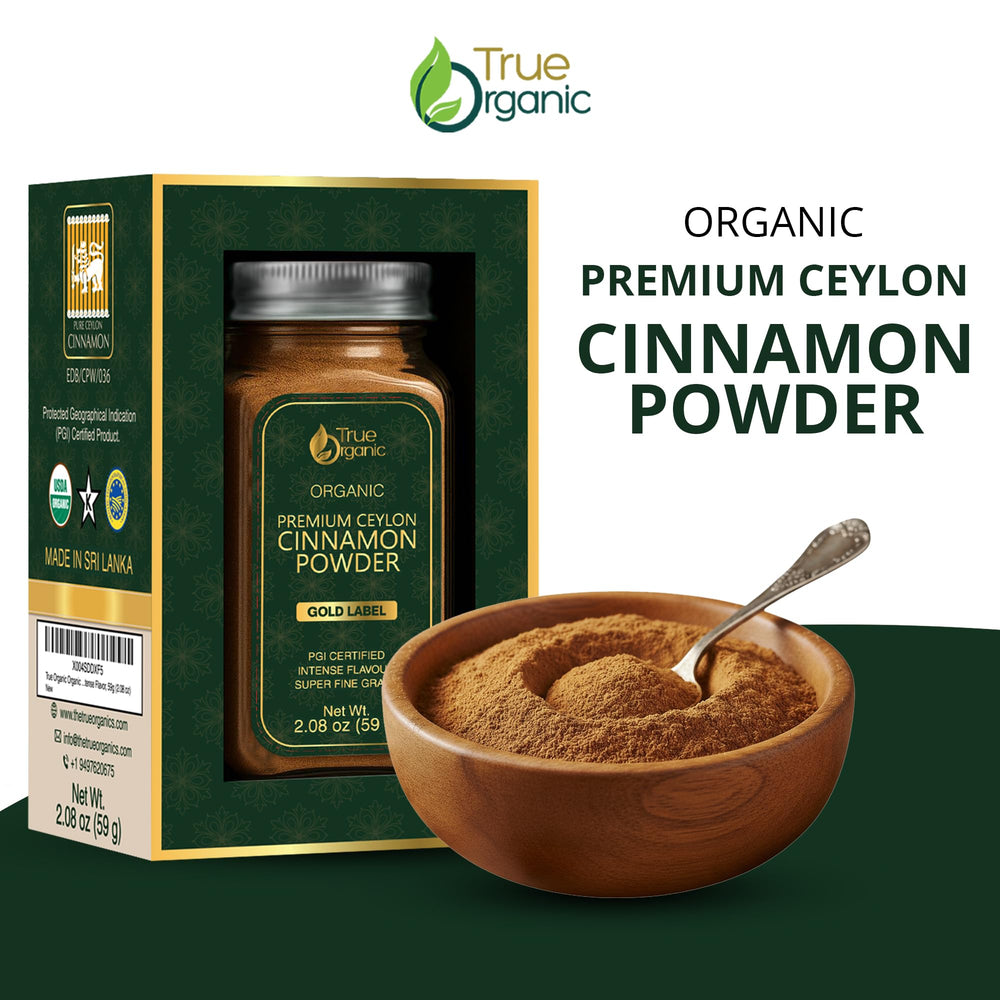 True Organic Ceylon cinnamon powder close-up reveals a fine texture ideal for smooth blends.