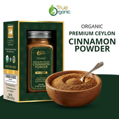 True Organic Ceylon cinnamon powder close-up reveals a fine texture ideal for smooth blends.