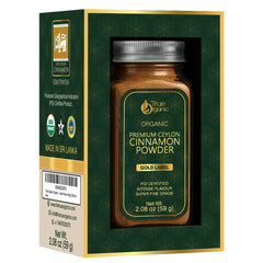 True Organic Ceylon cinnamon powder, jar top view, highlighting premium spice quality for baking.