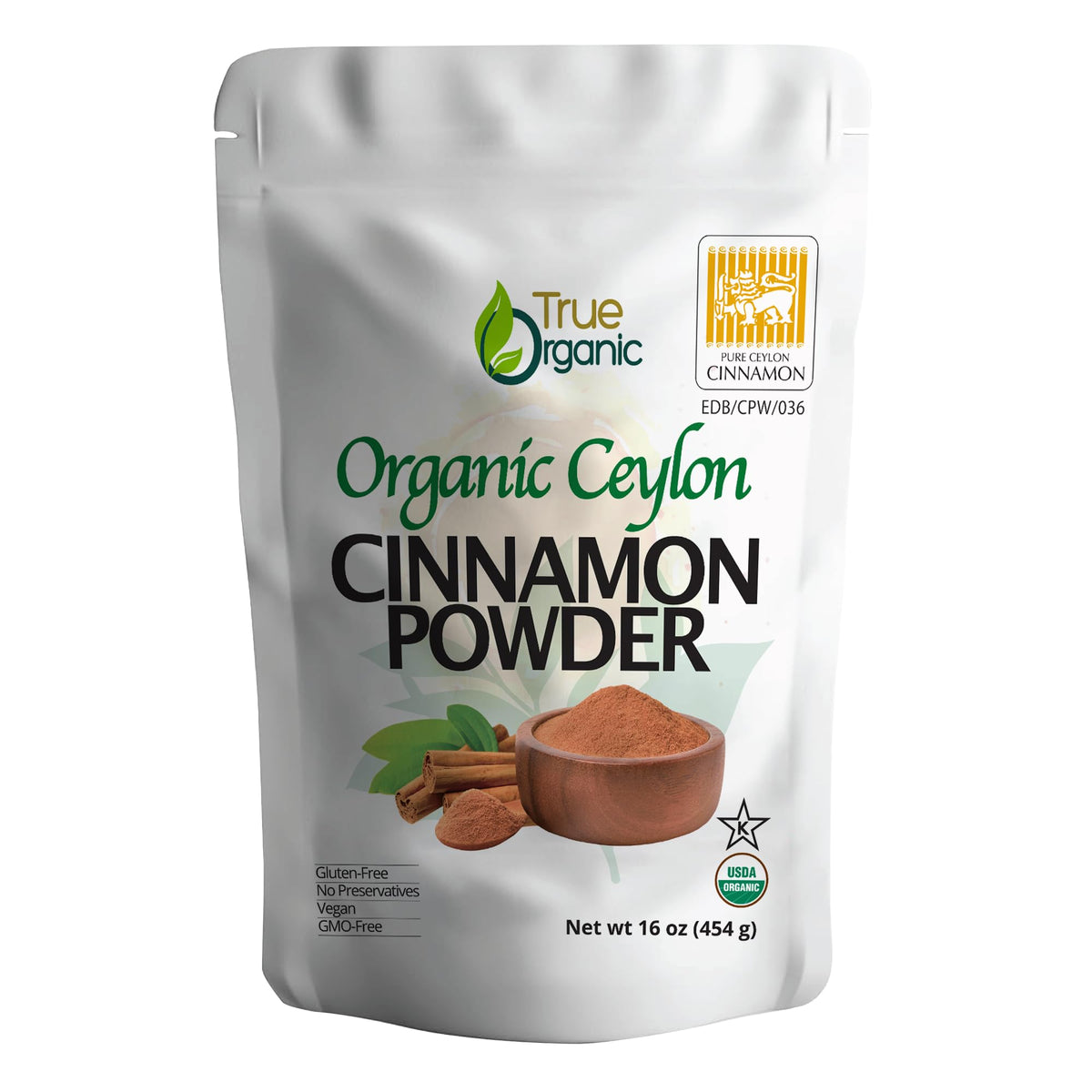 True Organic Ceylon cinnamon powder in 1 lb packaging emphasizes freshness for baking
