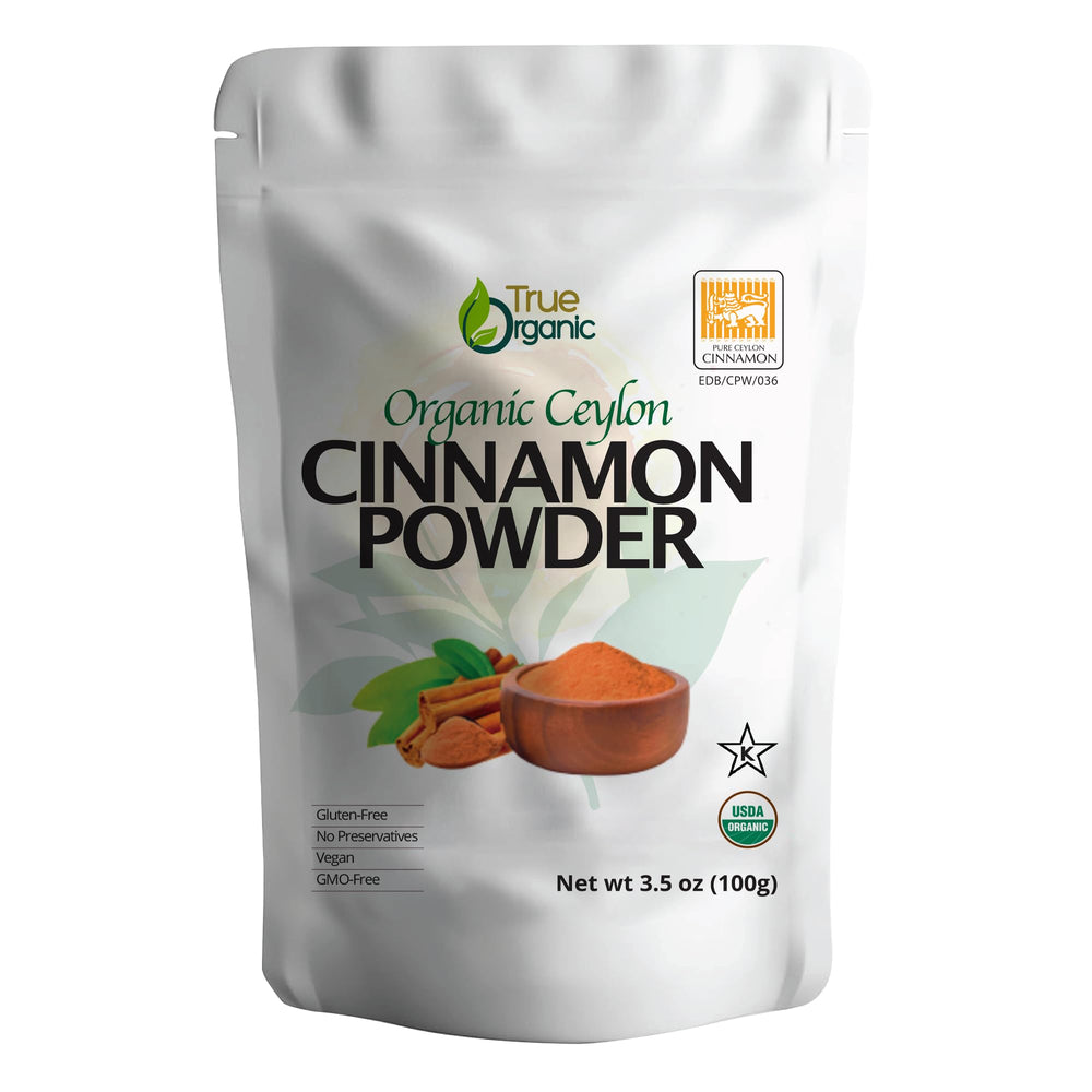 True Organic Ceylon Cinnamon Powder packaging shows premium spice and freshness.