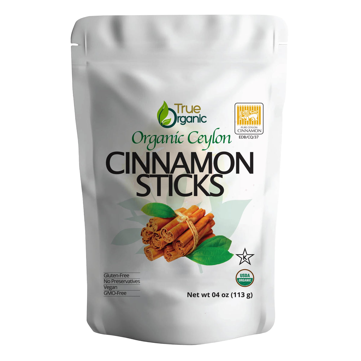 True Organic Ceylon cinnamon sticks in a glass jar, easy to measure and store.