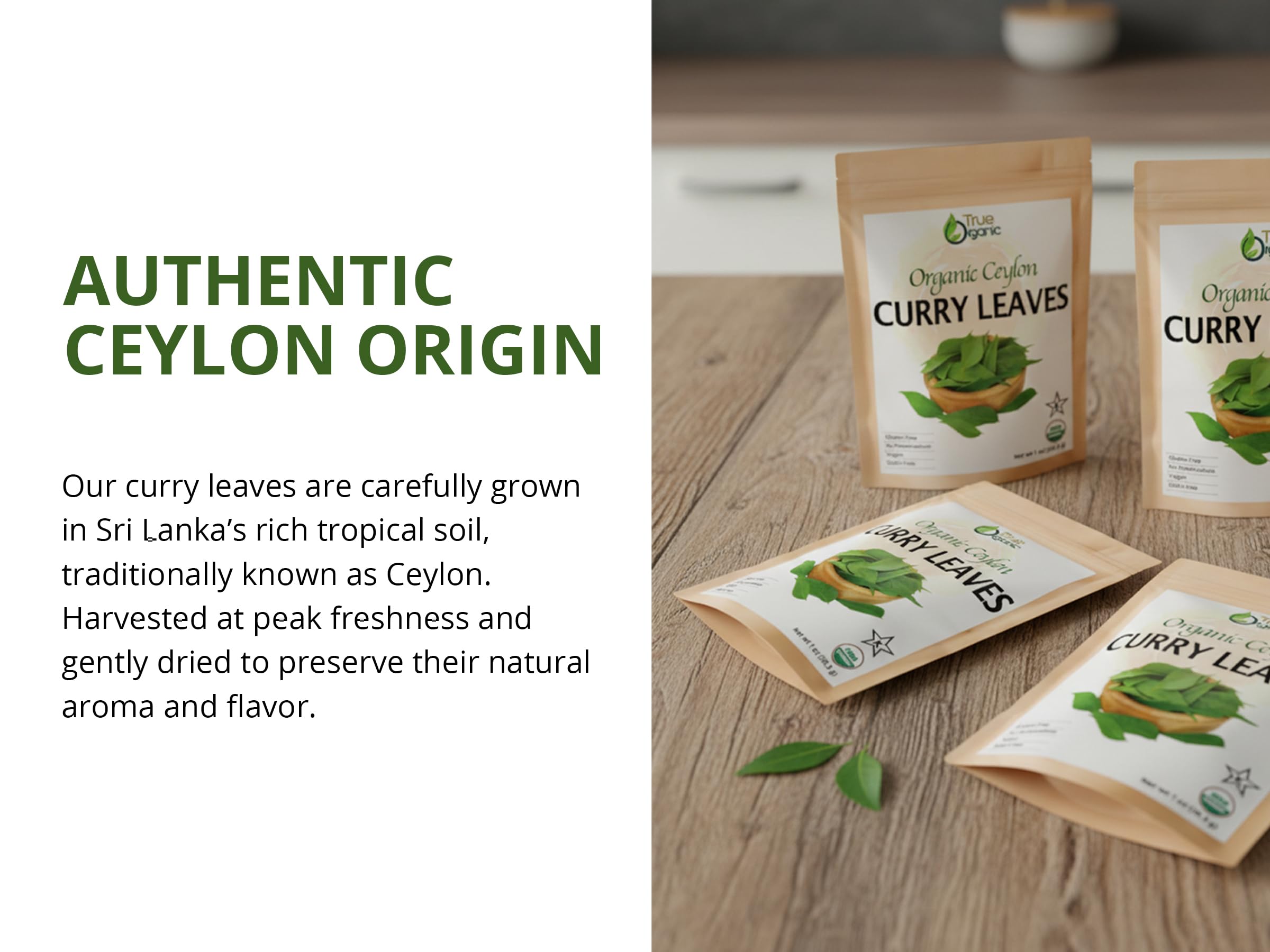 True Organic Ceylon Curry Leaves culinary-use — ideal for soups, stews, and sauces.