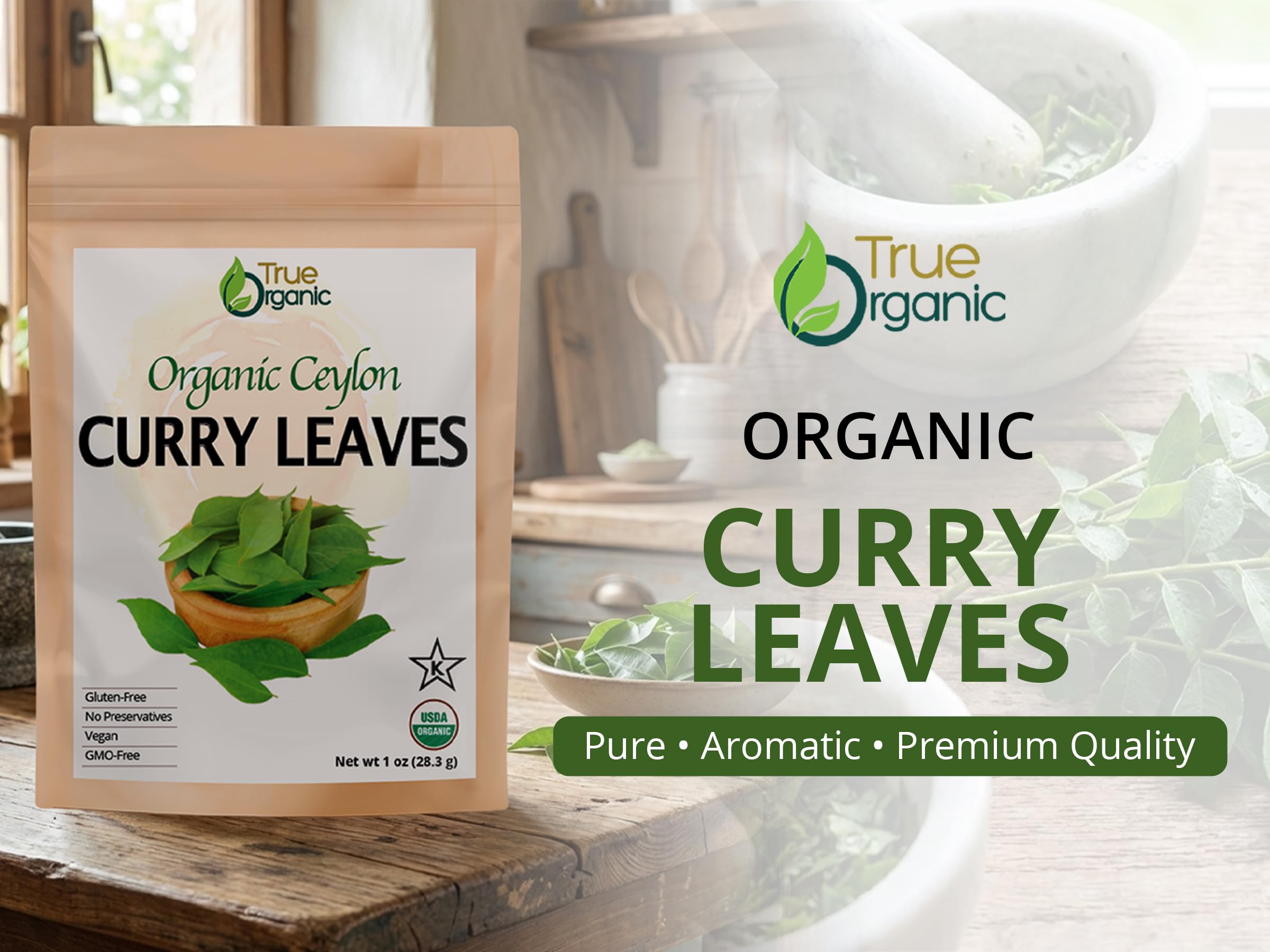 True Organic Ceylon Curry Leaves dried leaves closeup — vibrant color enhances curry profiles.