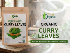 True Organic Ceylon Curry Leaves dried leaves closeup — vibrant color enhances curry profiles.