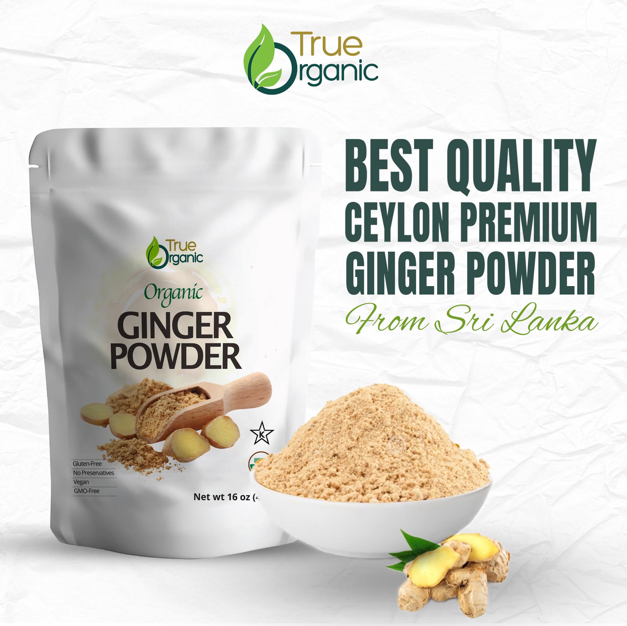 True Organic Ceylon Ginger Powder measuring spoon demonstrates convenient portioning for precise seasoning.