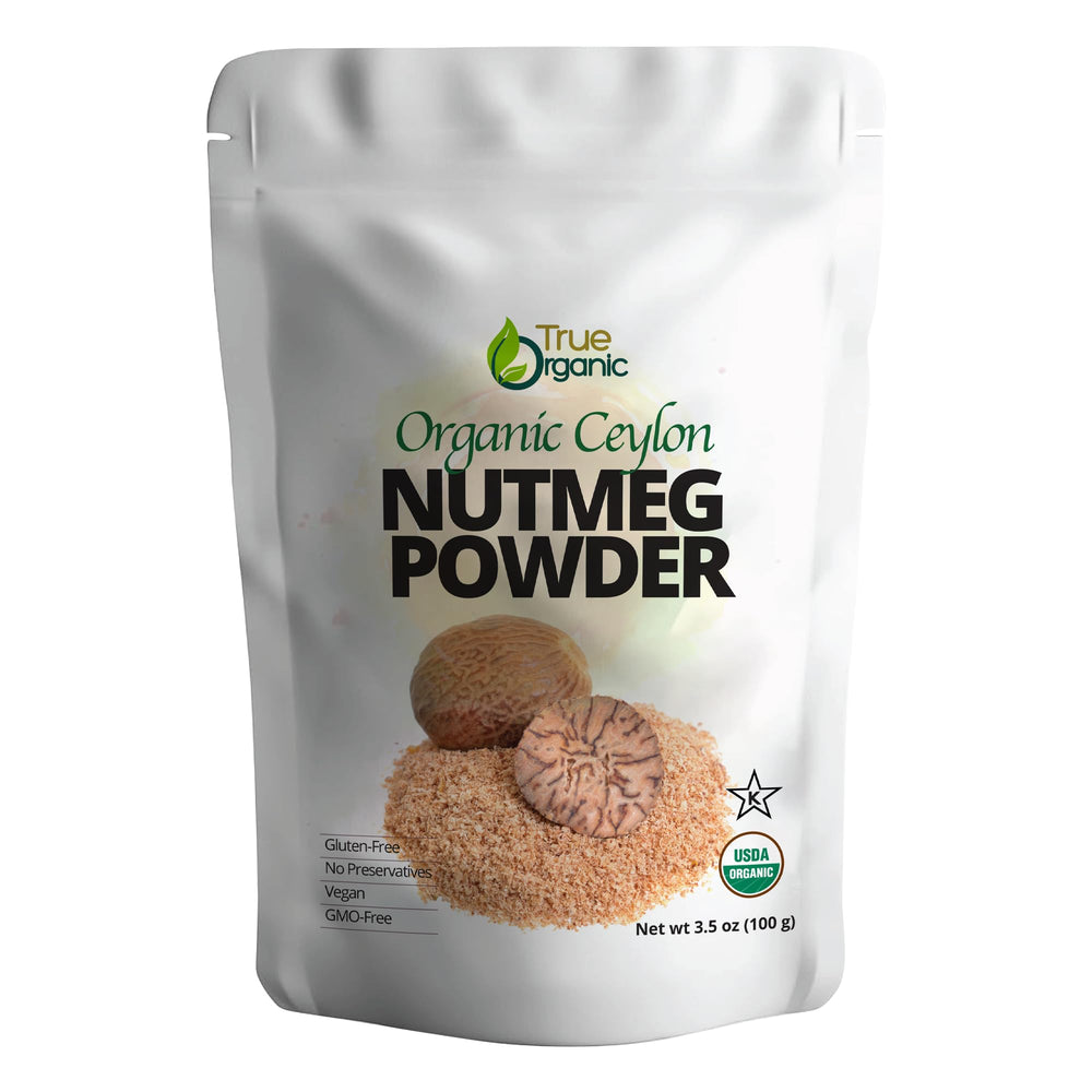 True Organic Ceylon Nutmeg Powder in a kraft bag closeup, premium spice for baking.
