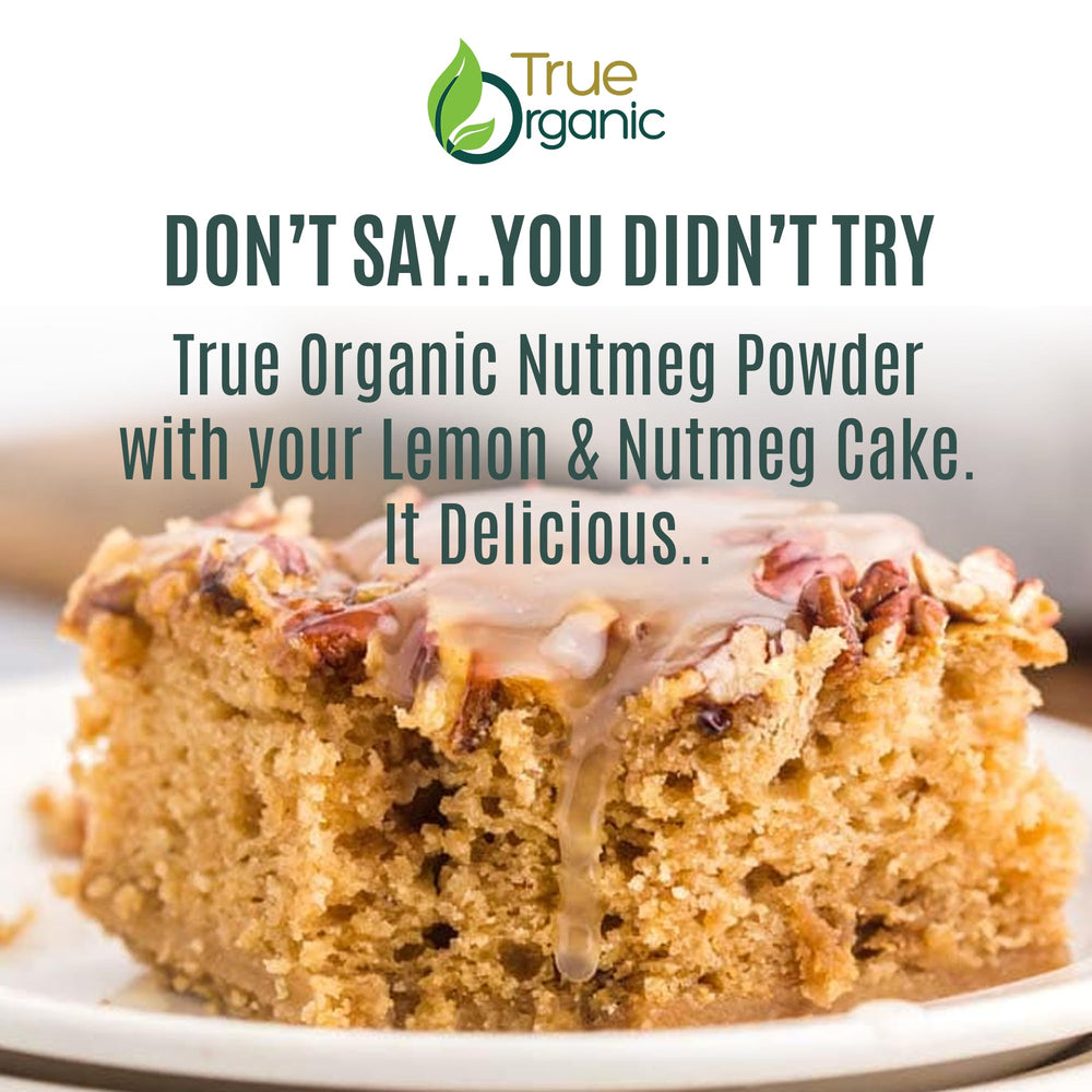 True Organic Ceylon Nutmeg Powder scattered in a bowl, aromatic spice for desserts.