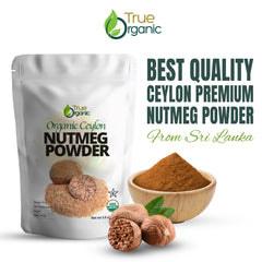 True Organic Ceylon Nutmeg Powder in a kitchen scene, perfect for baking.