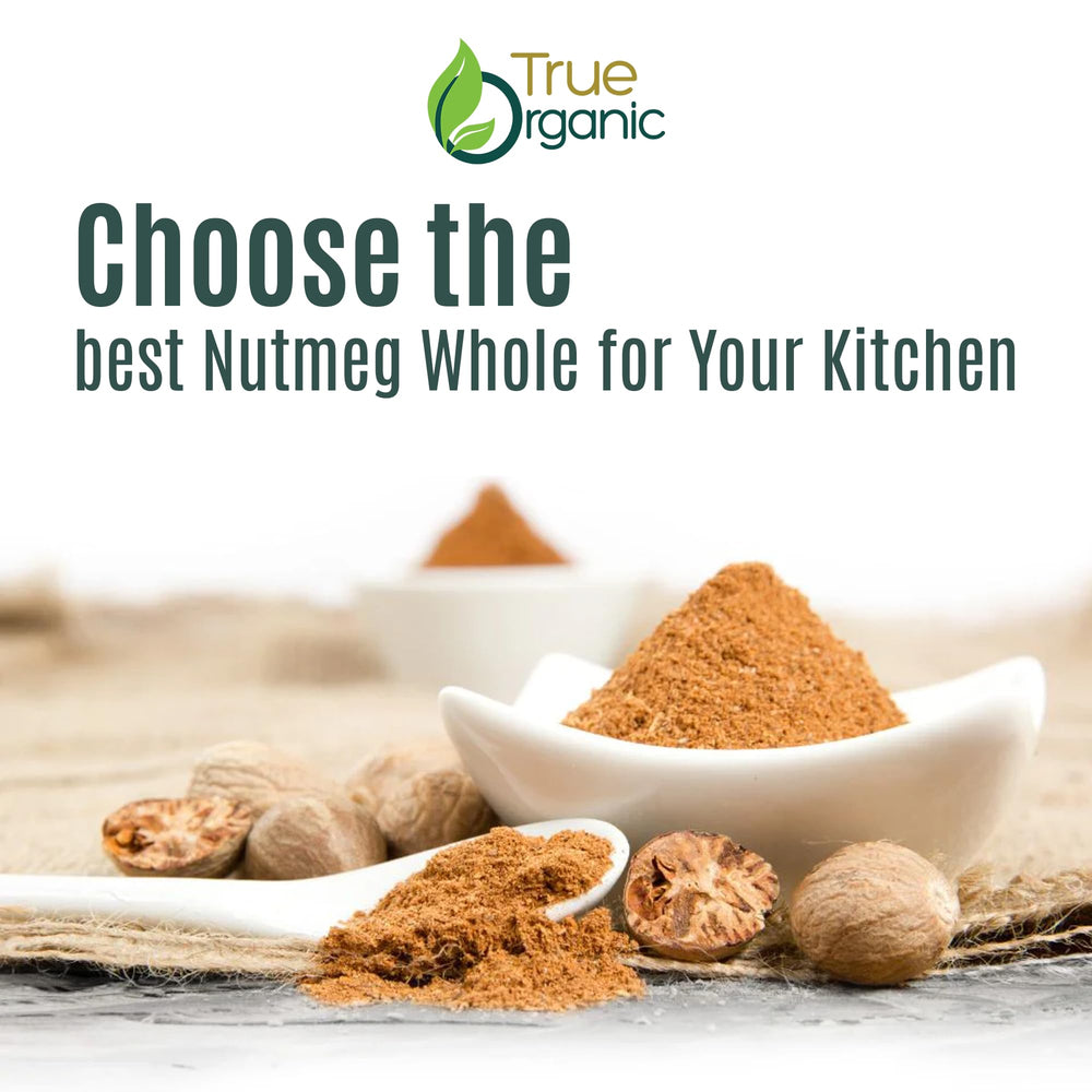 True Organic Ceylon Nutmeg Powder jar label detail, shows USDA Organic and Kosher seals.