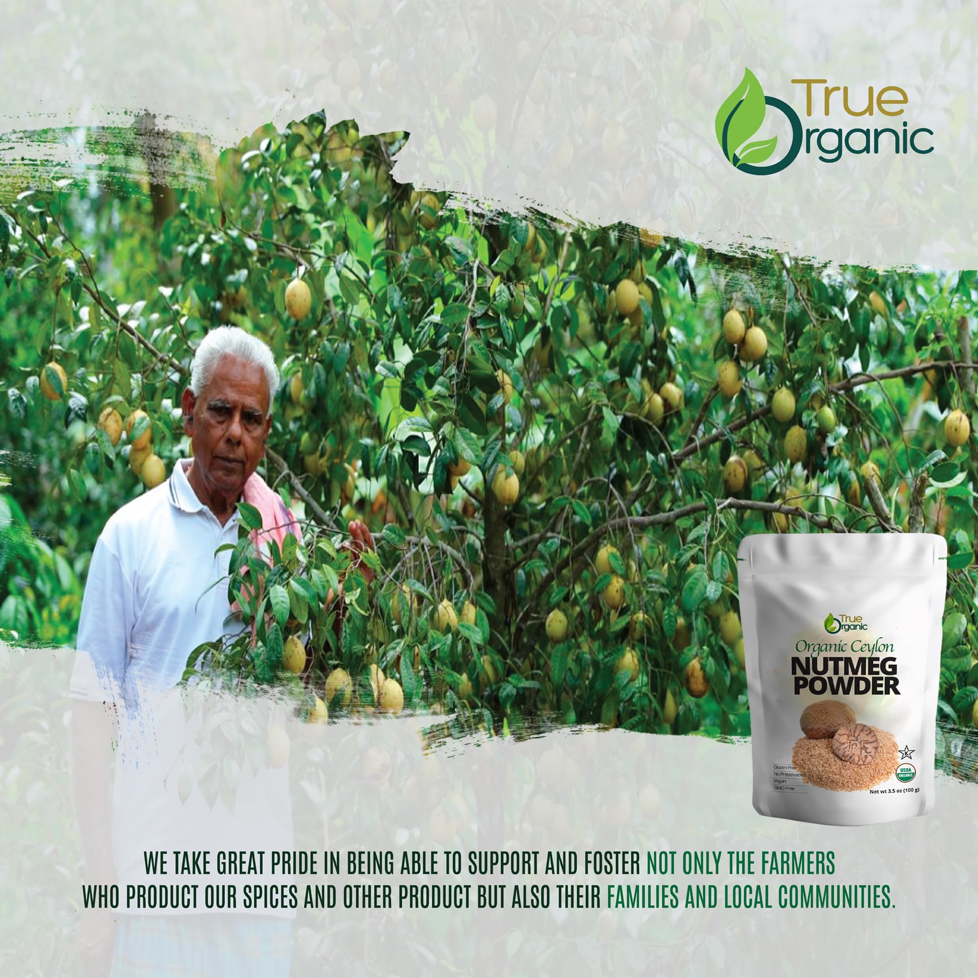 True Organic Ceylon Nutmeg Powder near measuring spoons, handy for recipe prep.