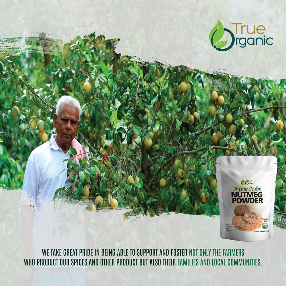 True Organic Ceylon Nutmeg Powder near measuring spoons, handy for recipe prep.