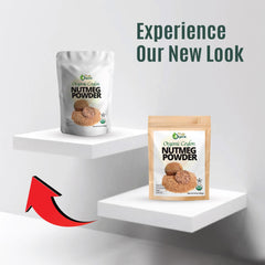 True Organic Ceylon Nutmeg Powder spooned from jar, ideal for warm beverages.