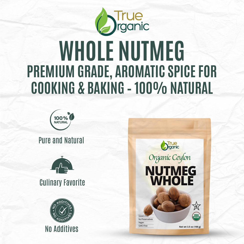 True Organic Ceylon Nutmeg Whole from Sri Lanka, ideal for chai and beverages.