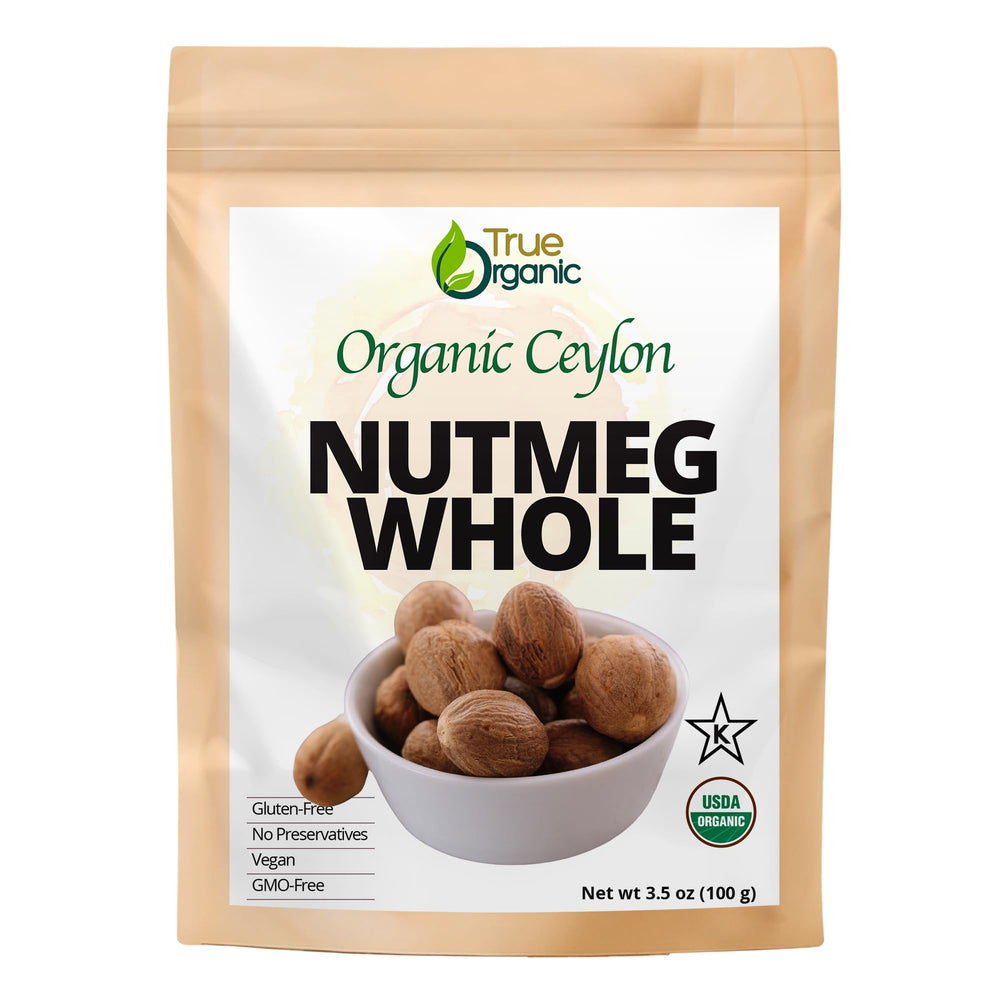 True Organic Ceylon Nutmeg Whole in paper bag for baking and aroma.