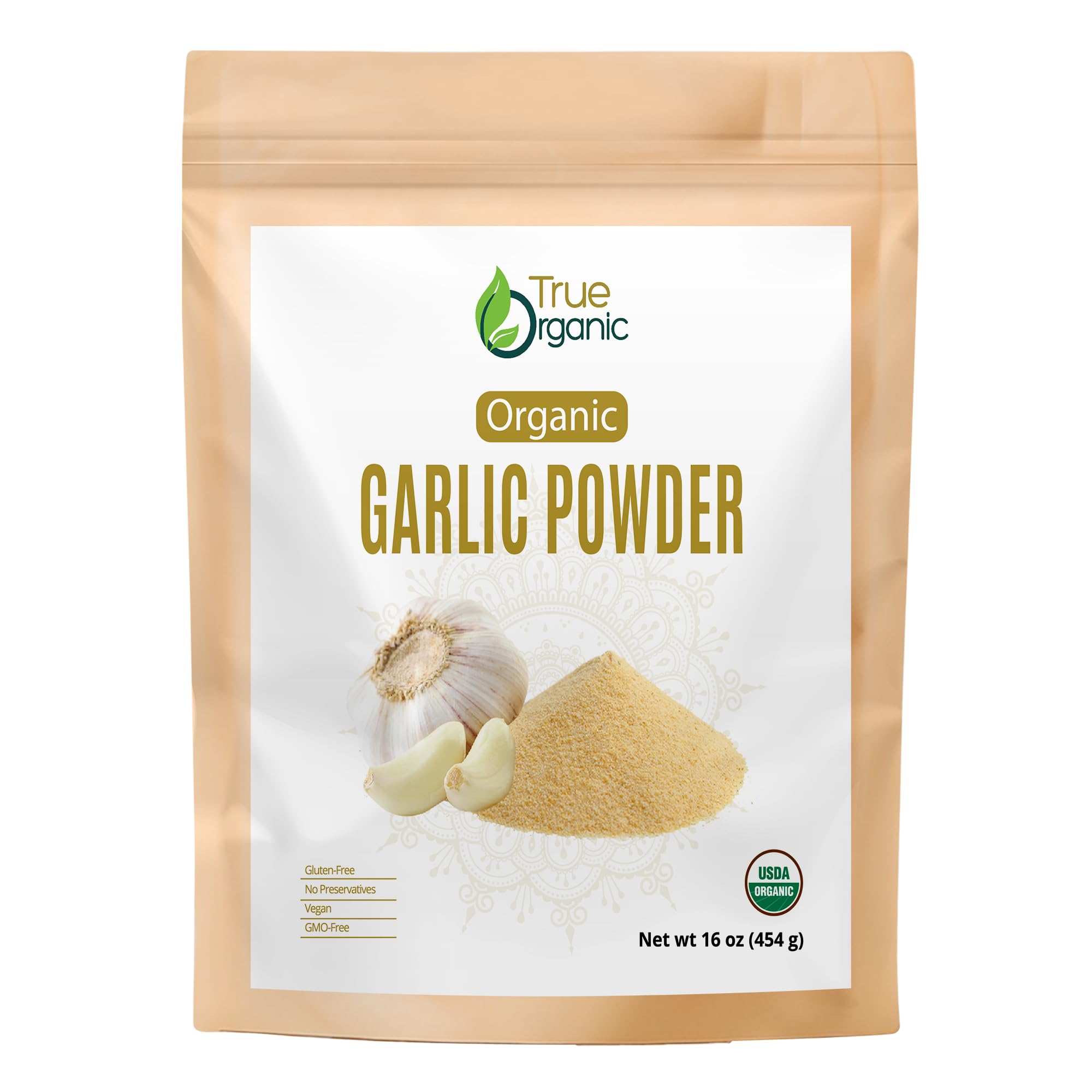 True Organic Garlic Powder 1lb bottle pour for quick seasoning