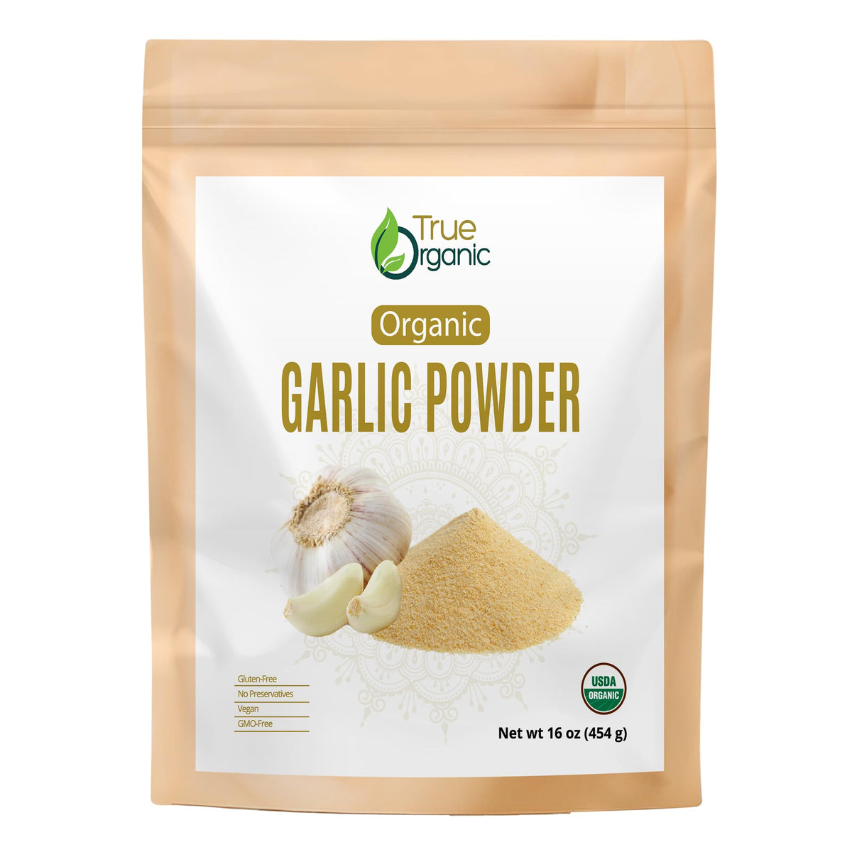 True Organic Garlic Powder 1lb bottle pour for quick seasoning