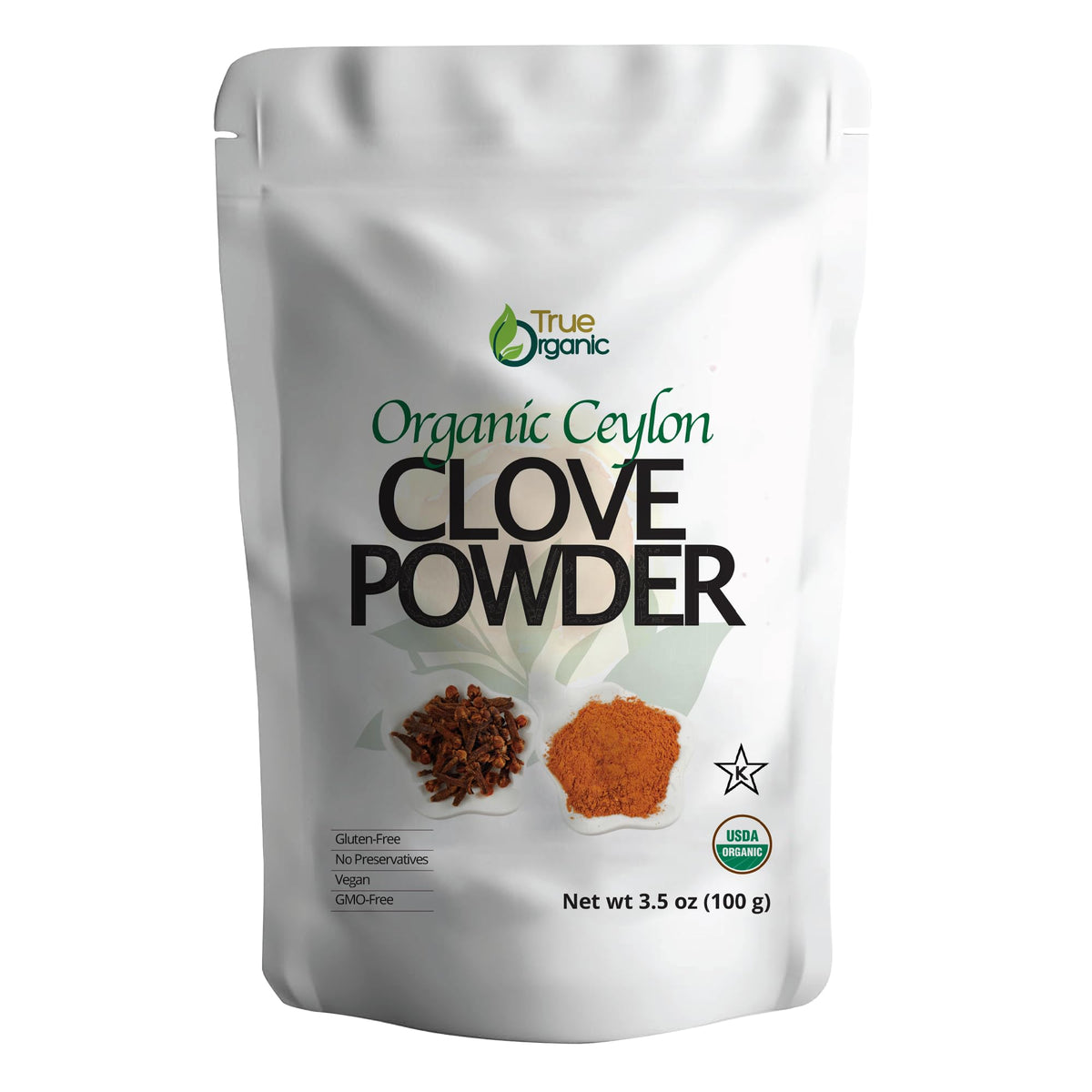 True Organic ground cloves powder in a paper bag, premium aroma for baking.