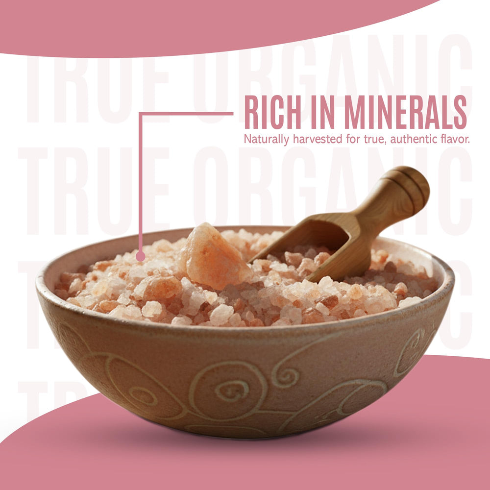 True Organic Himalayan Pink Salt for table service and seasoning at meals.
