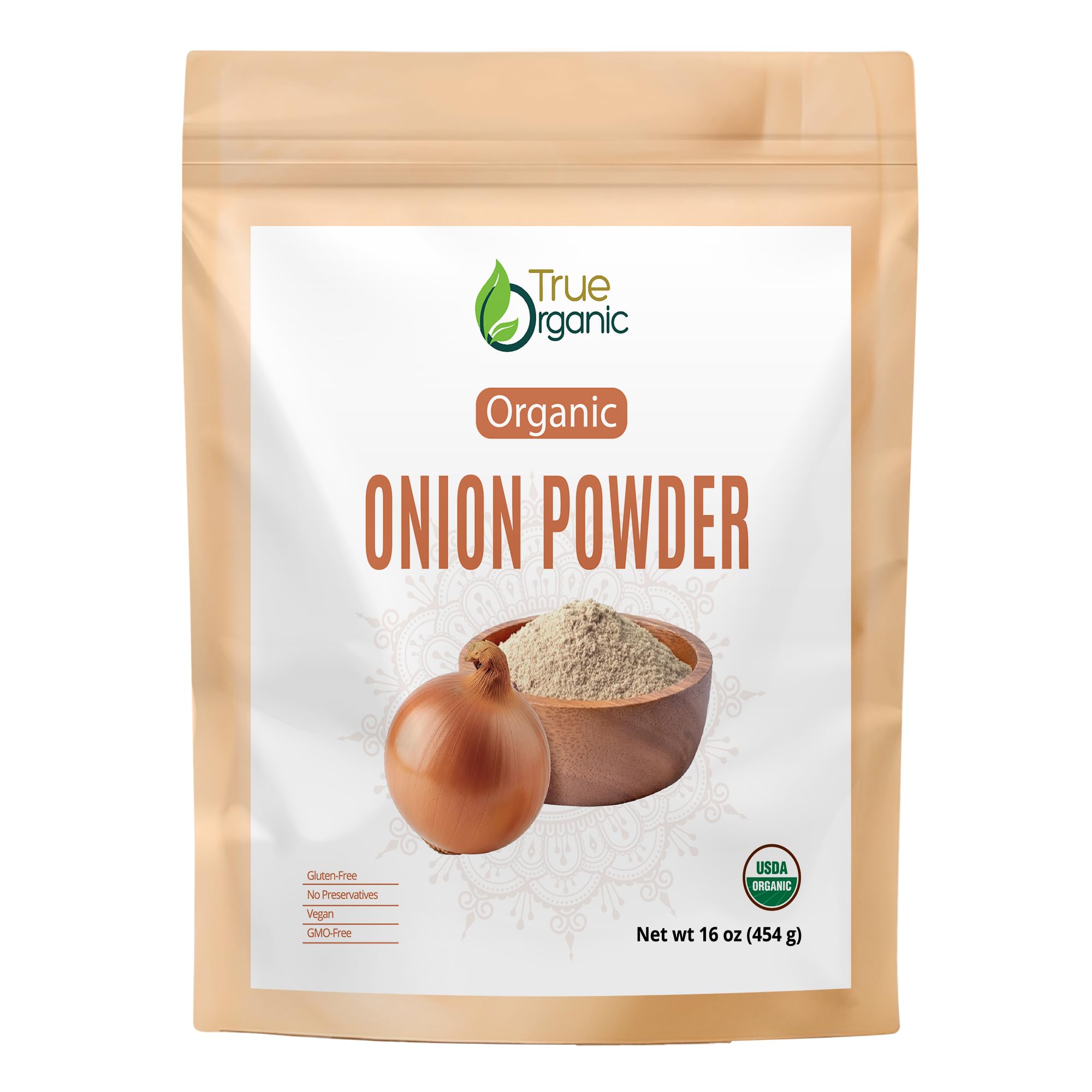 True Organic Onion Powder bottle delivers rich aroma for boosting soups.