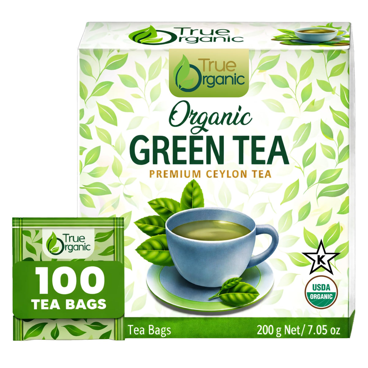 True Organic Premium Ceylon Green Tea bags in a box, ideal for daily home brewing.