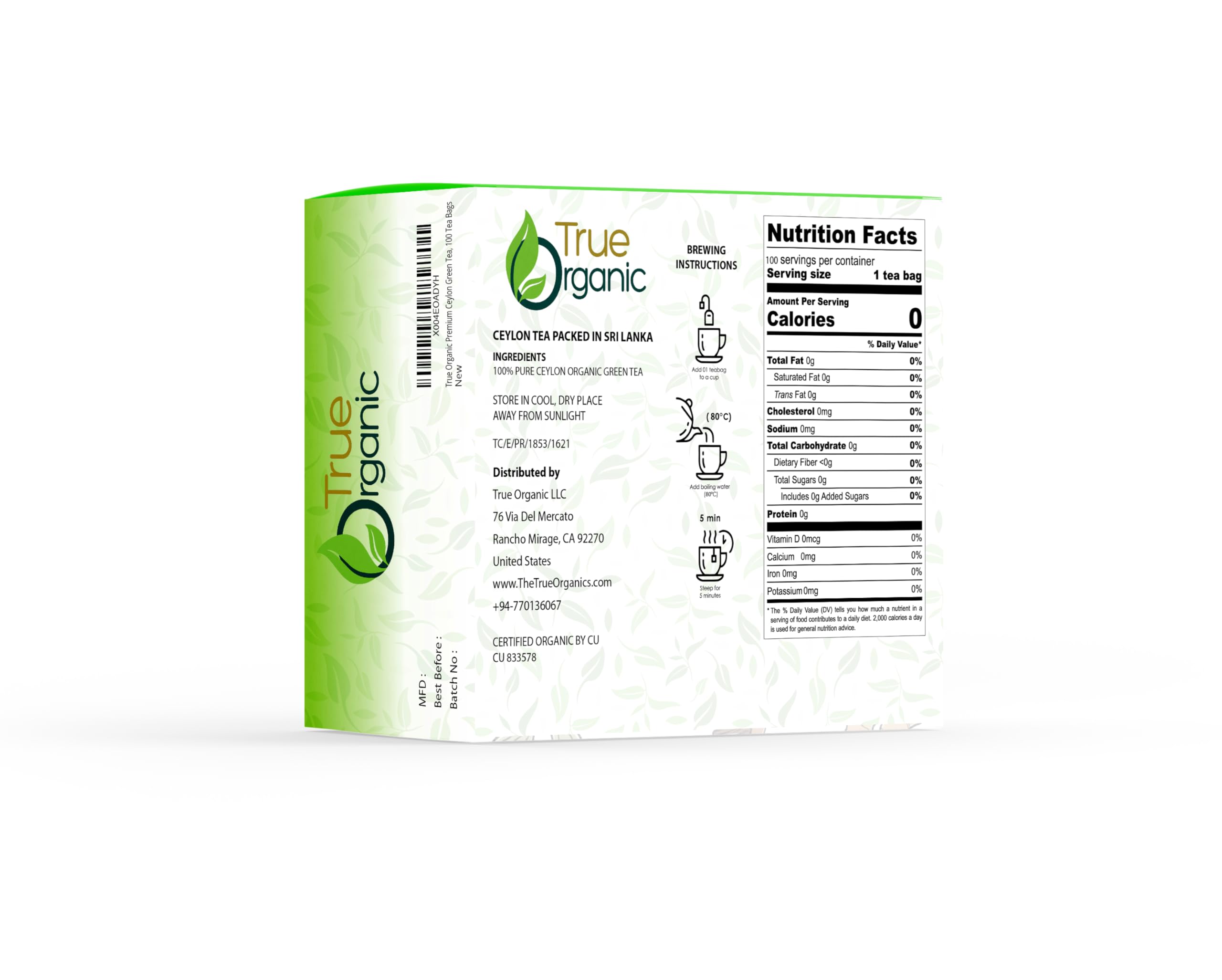 True Organic Premium Ceylon Green Tea bags closeup highlighting freshness and aroma for quick brewing.