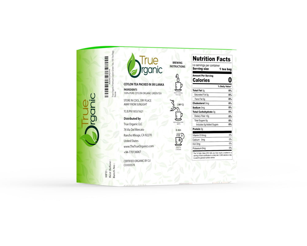 True Organic Premium Ceylon Green Tea bags closeup highlighting freshness and aroma for quick brewing.