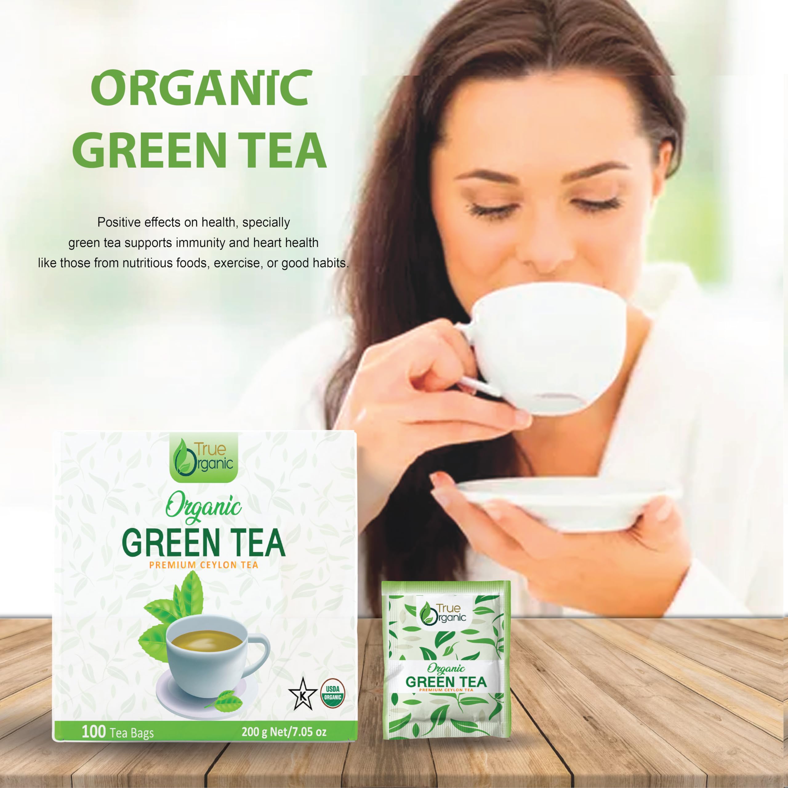 True Organic Premium Ceylon Green Tea brewed cup showing smooth grassy notes for a relaxing break.