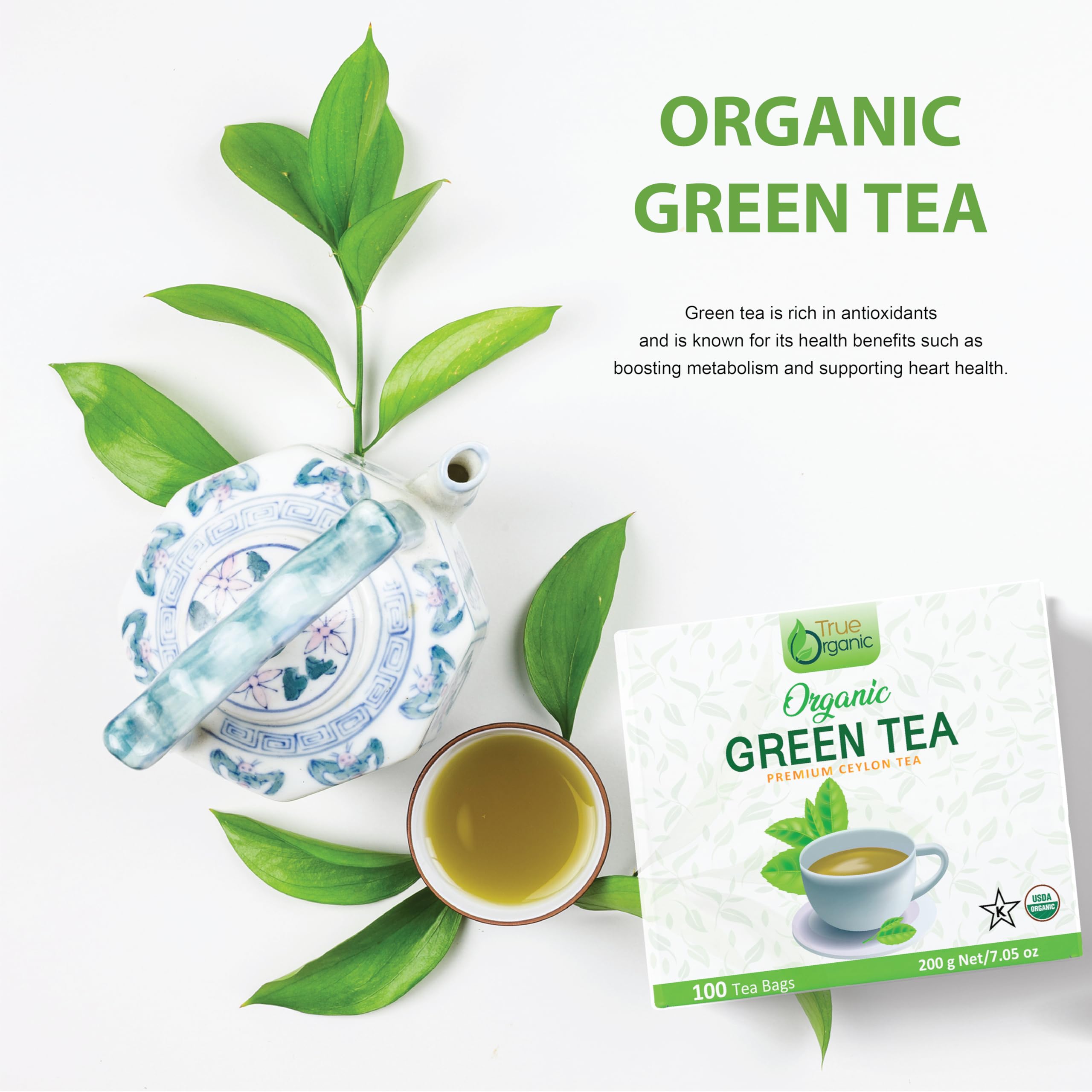 True Organic Premium Ceylon Green Tea seals show kosher and organic standards.