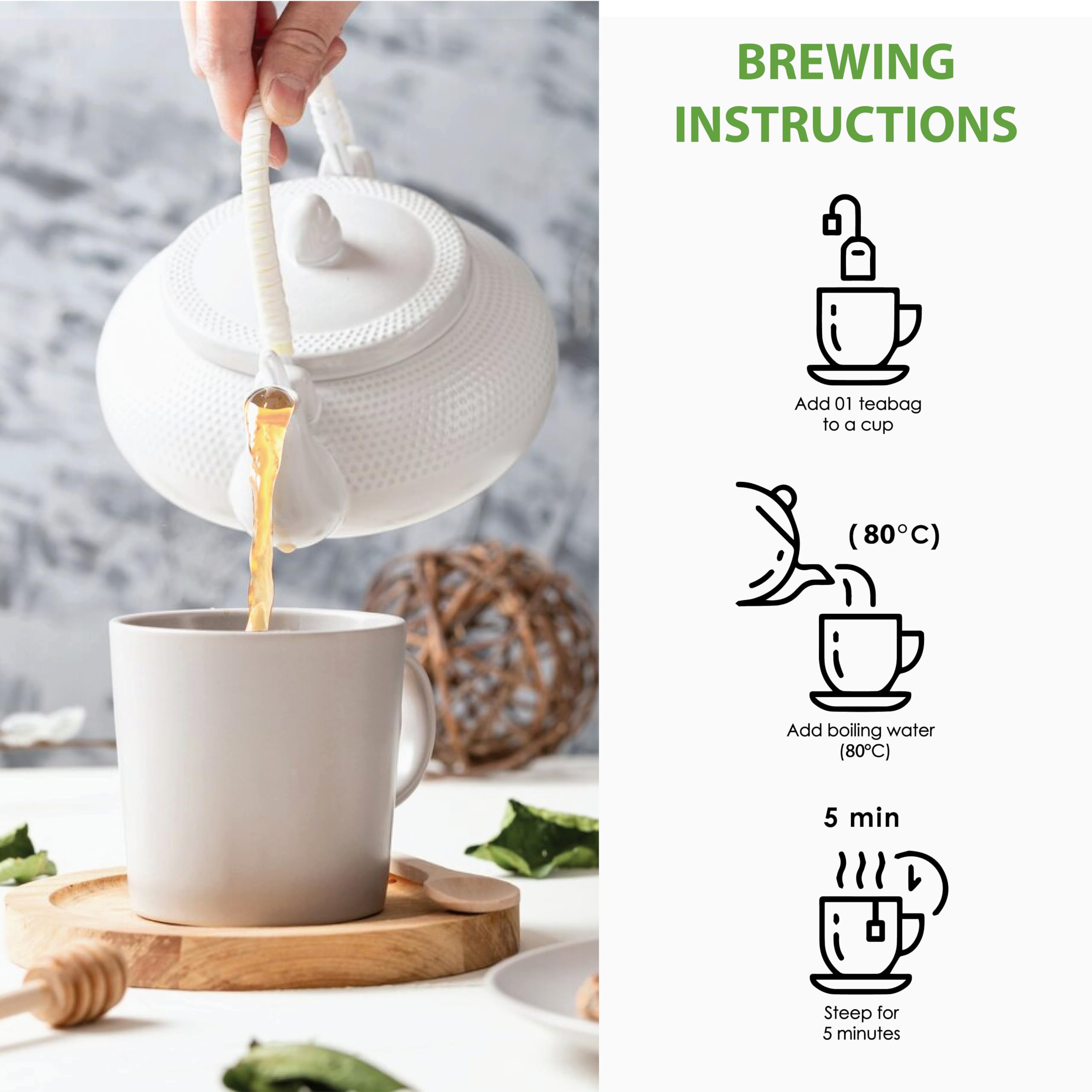 True Organic Premium Ceylon Green Tea packaging open ready for quick, fresh infusions.