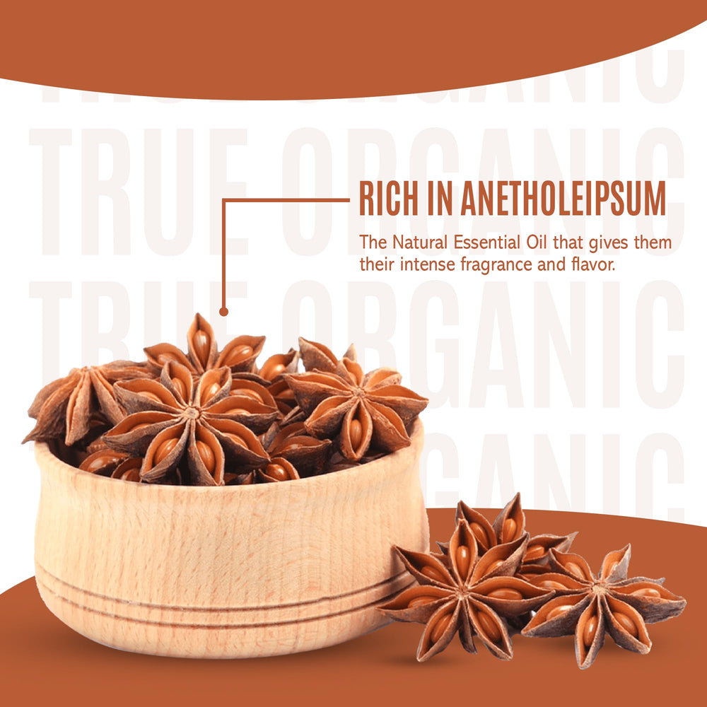 Close-up of True Organic star anise emitting fragrant aroma
