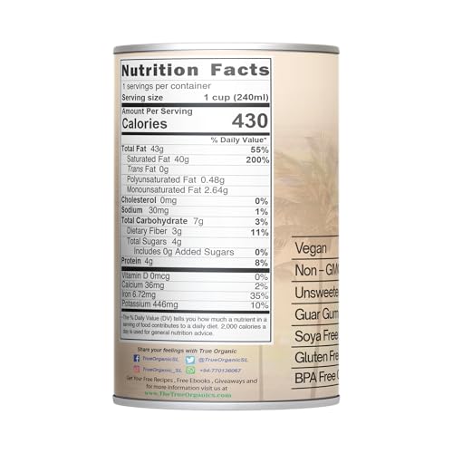 True Organic Unsweetened Coconut Milk can closeup reveals pure coconut flavor for cooking.