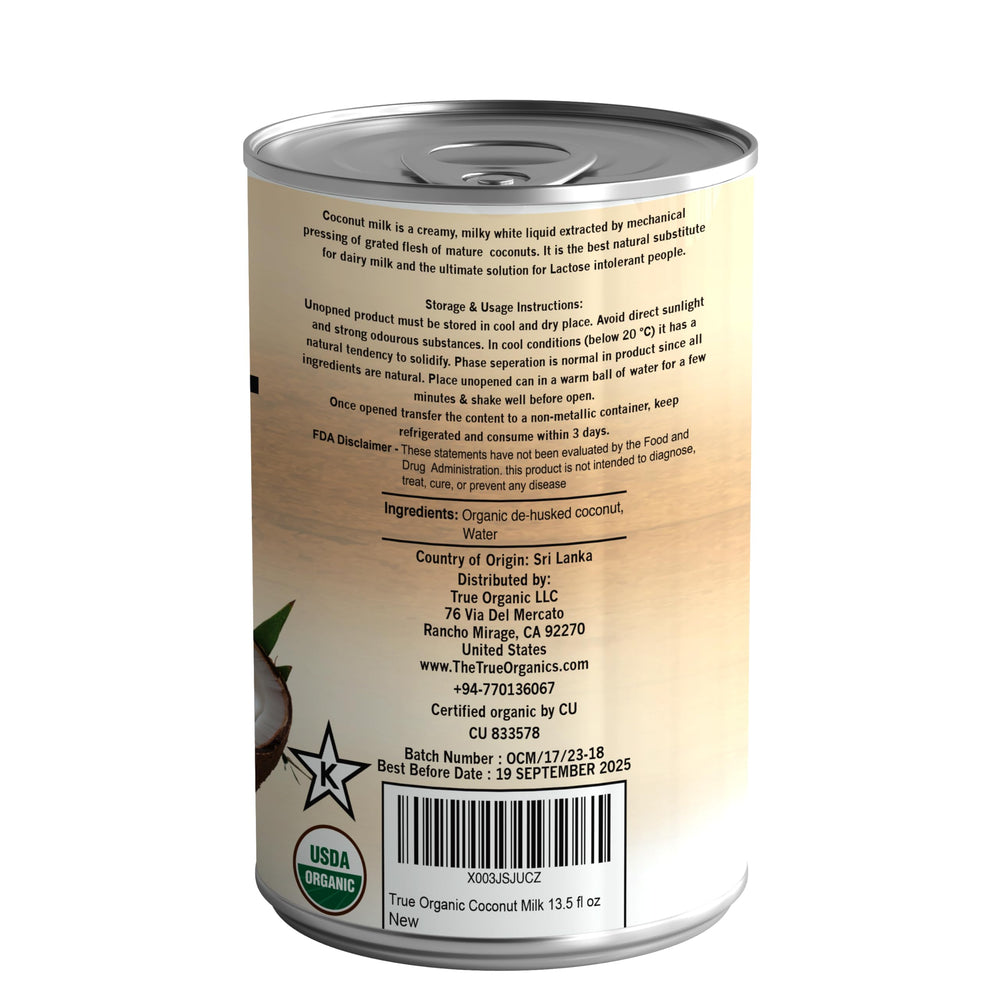 True Organic Unsweetened Coconut Milk smoothie glass showcases dairy-free creaminess.