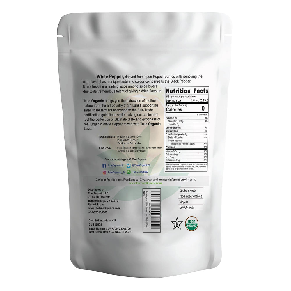 True Organic White Peppercorns grinder-ready whole peppercorns for easy seasoning.