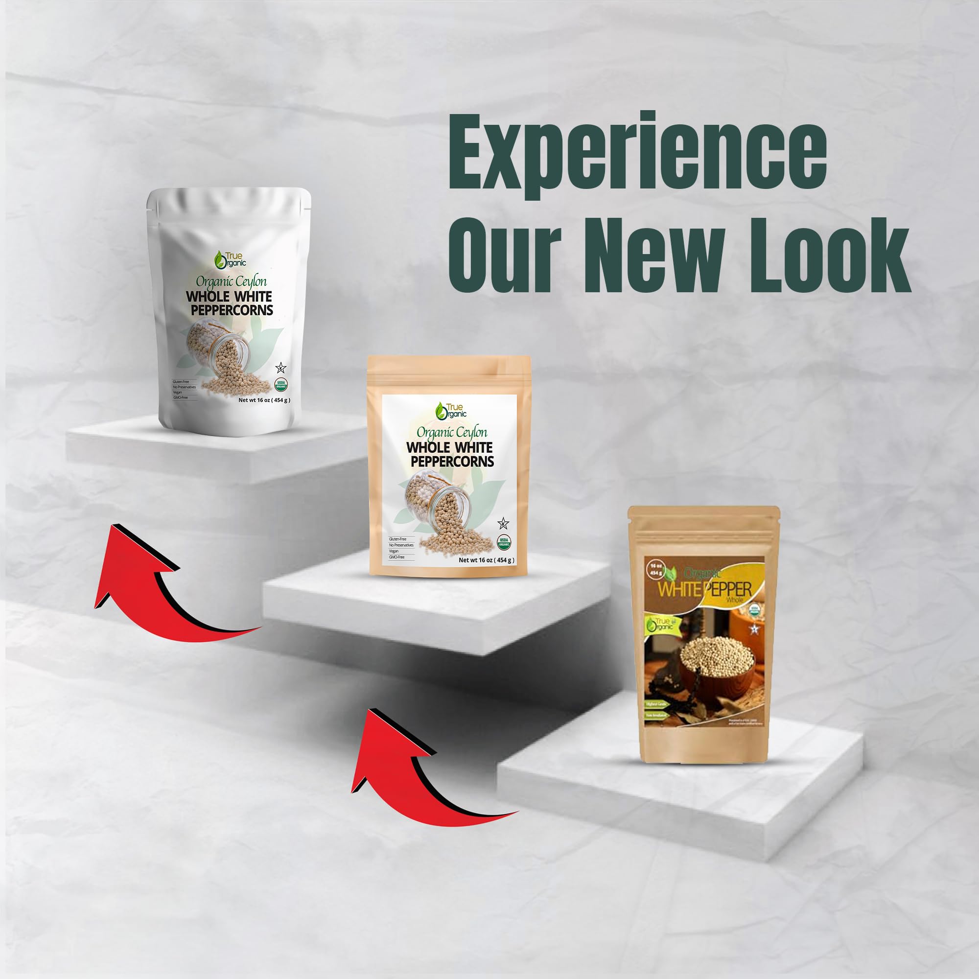 True Organic White Peppercorns packaged in paper craft bag preserves freshness.