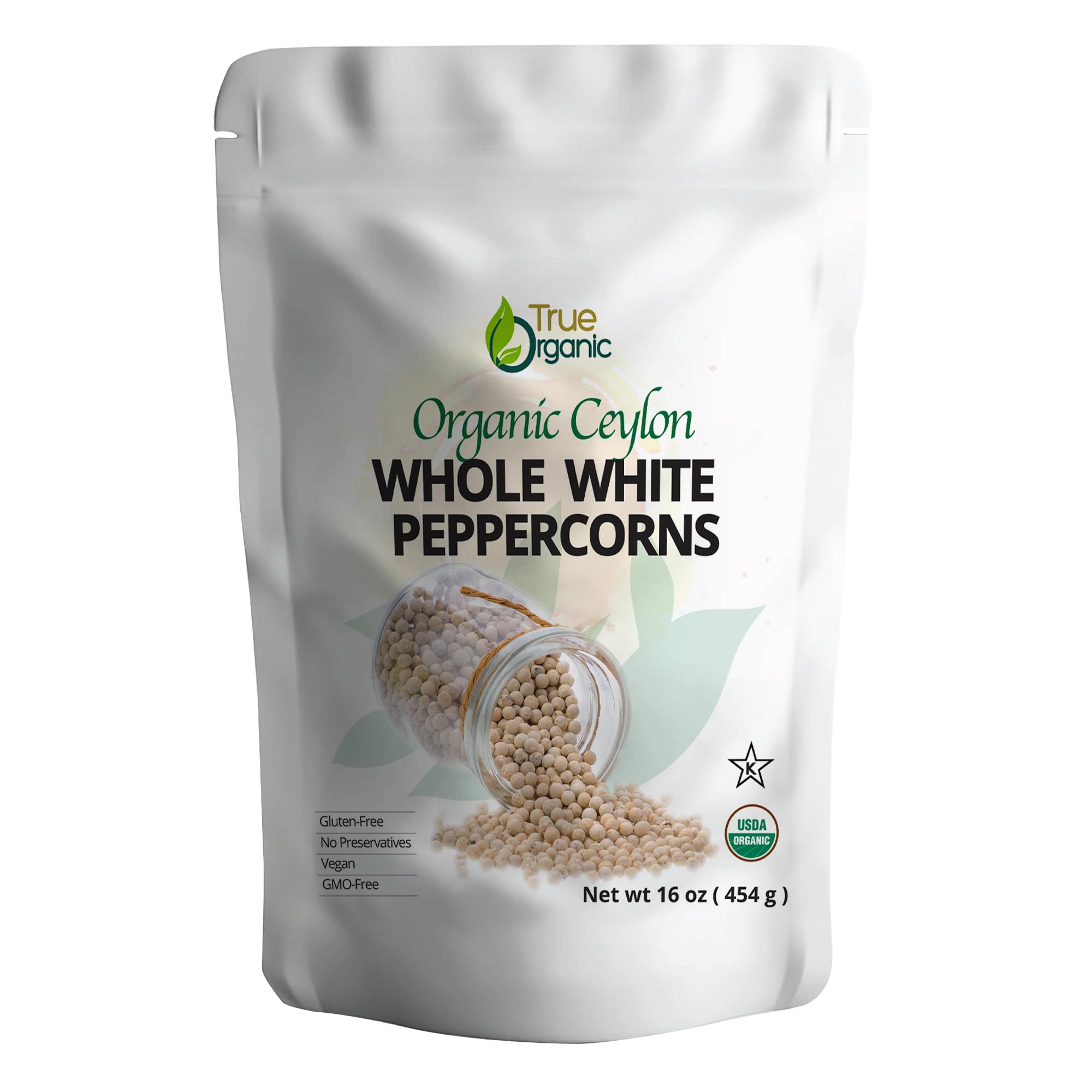 True Organic White Peppercorns whole 16oz bag for fresh grinding and bright flavor.