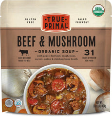 True Primal Beef and Mushroom Organic Soup front label emphasizes ready-to-heat convenience.