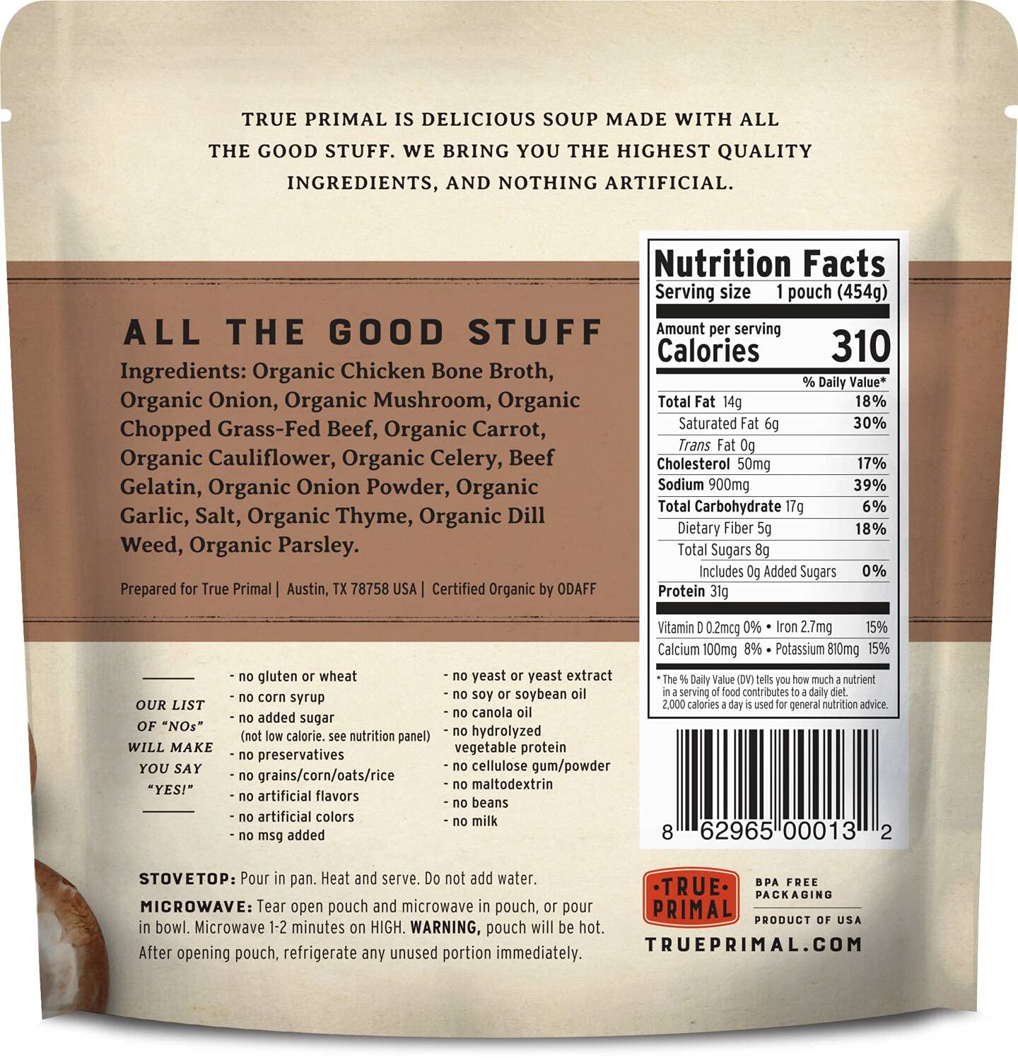True Primal soup close-up shows grass-fed beef and mushrooms for rich flavor.
