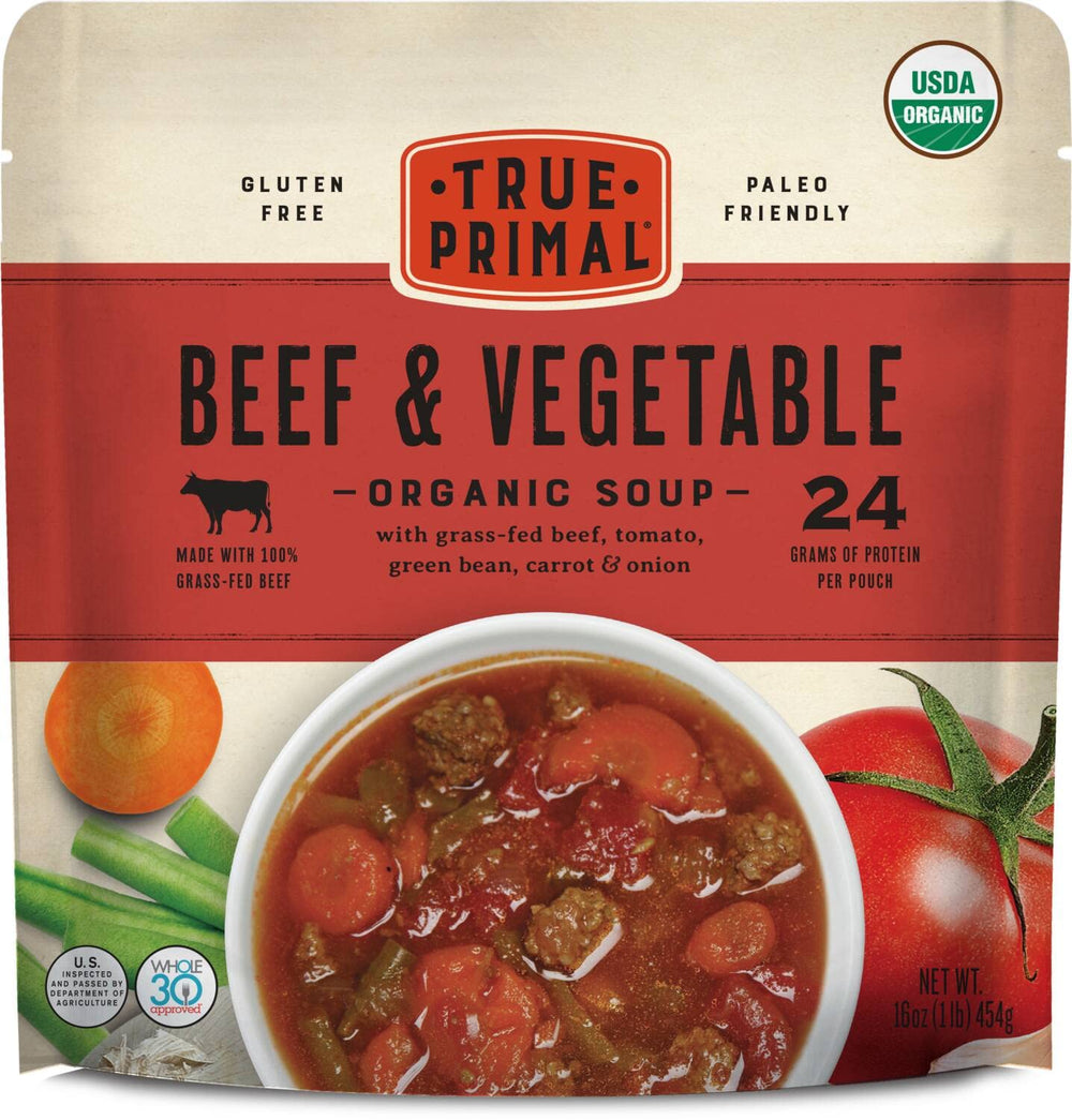 True Primal Beef and Vegetable Organic Soup 8-pack on box display, ready for quick meals.