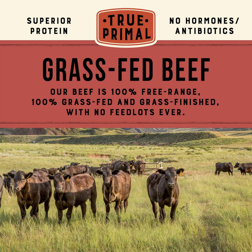 True Primal close-up of grass-fed beef and vegetables highlighting natural ingredients.