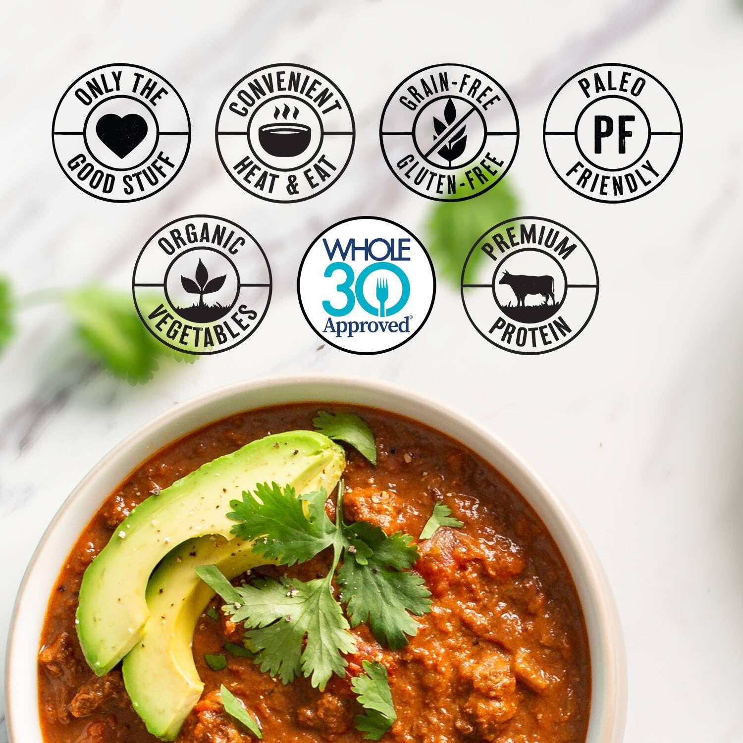 True Primal grass-fed beef chili highlighted as a paleo-friendly meal.